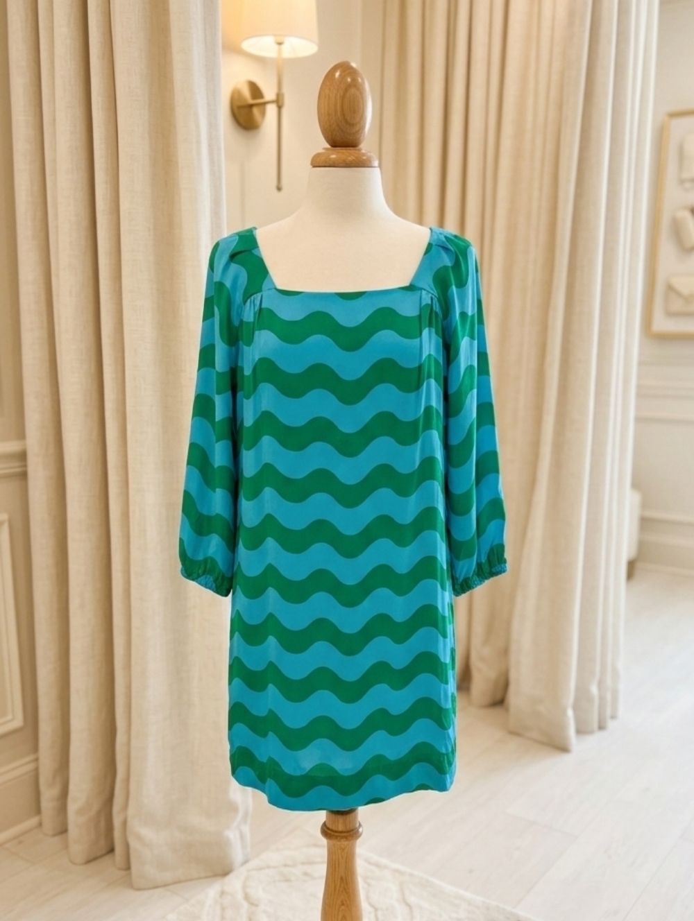 Britt Ryan Silk Shift Dress Turquoise & Green Wavy Lines Sz 6